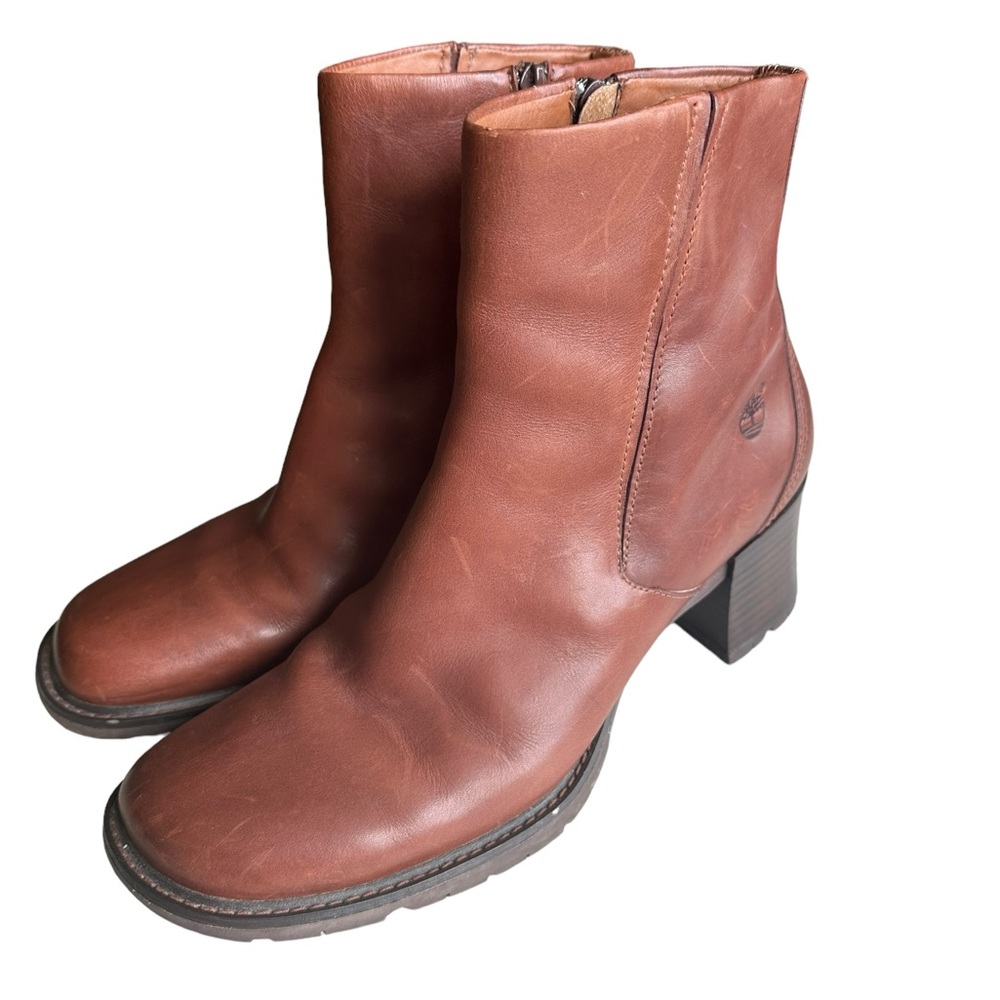 Timberland Genuine Leather Alyse Square Toe Chunky Block High Heeled Ankle Boots
